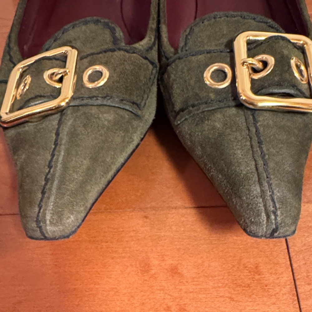 Prada Olive Green Suede Pointed-Toe Flats with Gold Buckle - Picture 5 of 5